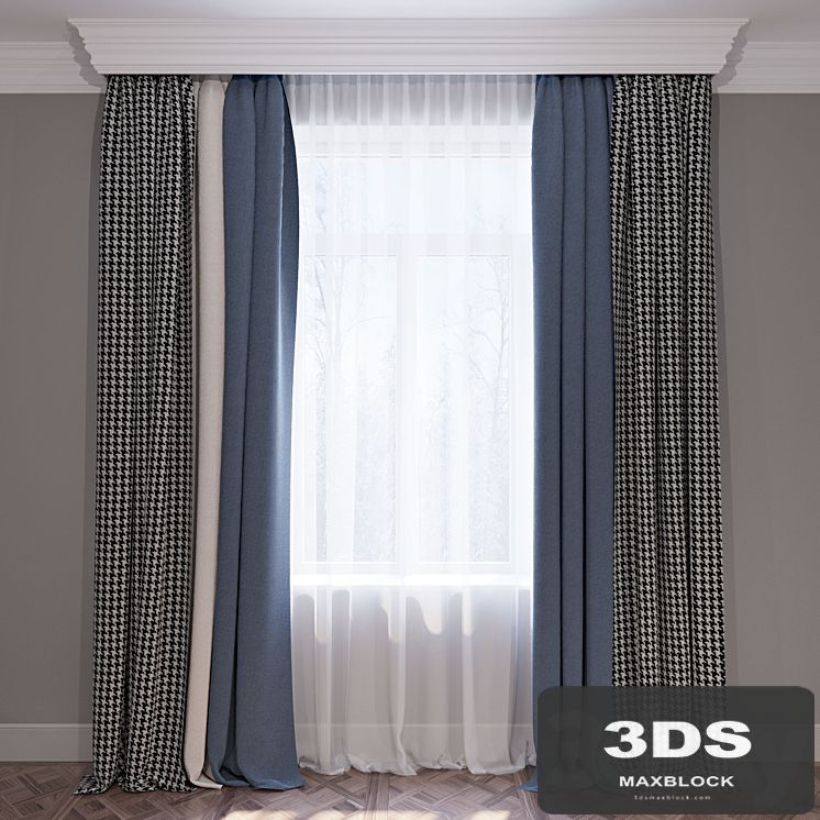 Curtains blue beige and houndstooth set of curtains 01