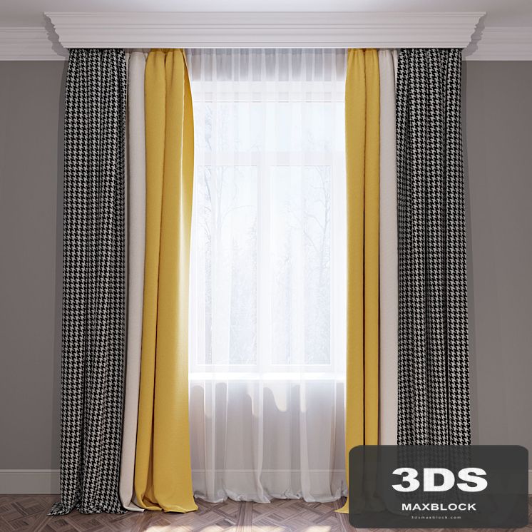 Set of curtains "Yellow beige and goose paw" (Curtains yellow beige and houndstooth) 02