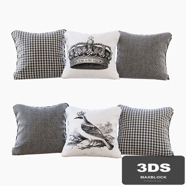 A set of pillows with prints: bird, crown, chevron and goose paw (Pillows bird crown chevron and houndstooth)