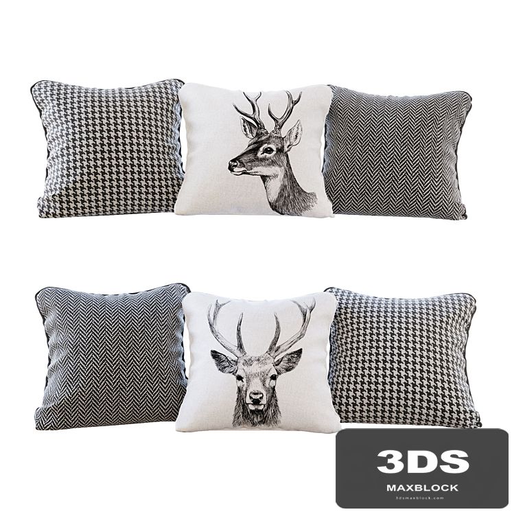 A set of pillows with prints: deer, chevron and goose paw (Pillows deers chevron and houndstooth)