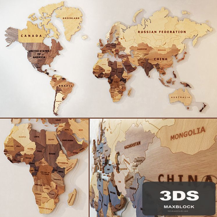 A world map made of wood.