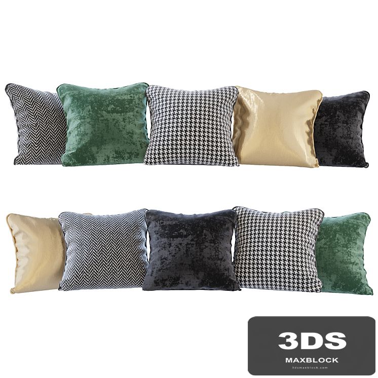 A set of pillows: black, green velvet, chevron, goose paw and gold (Pillows black green velvet chevron houndstooth and gold)