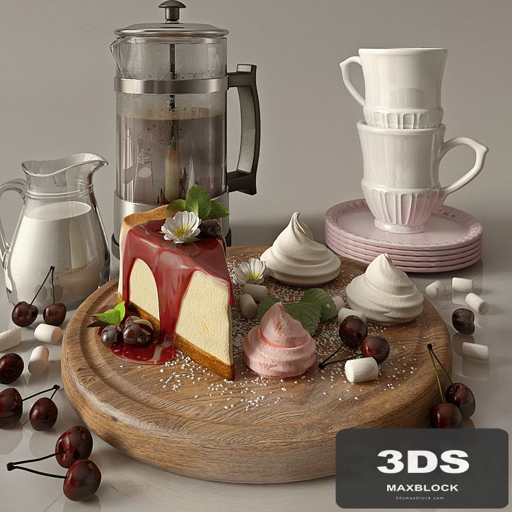 Kitchen set with cofee and cherry cheesecake
