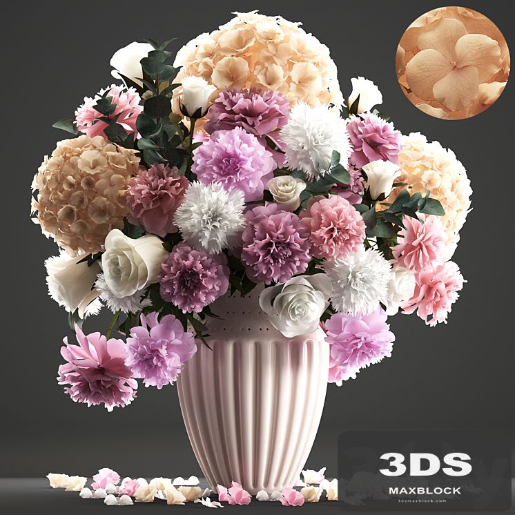Bouquet of flowers 61. White hydrangea, peonies, rose, eucalyptus, carnation, table decor