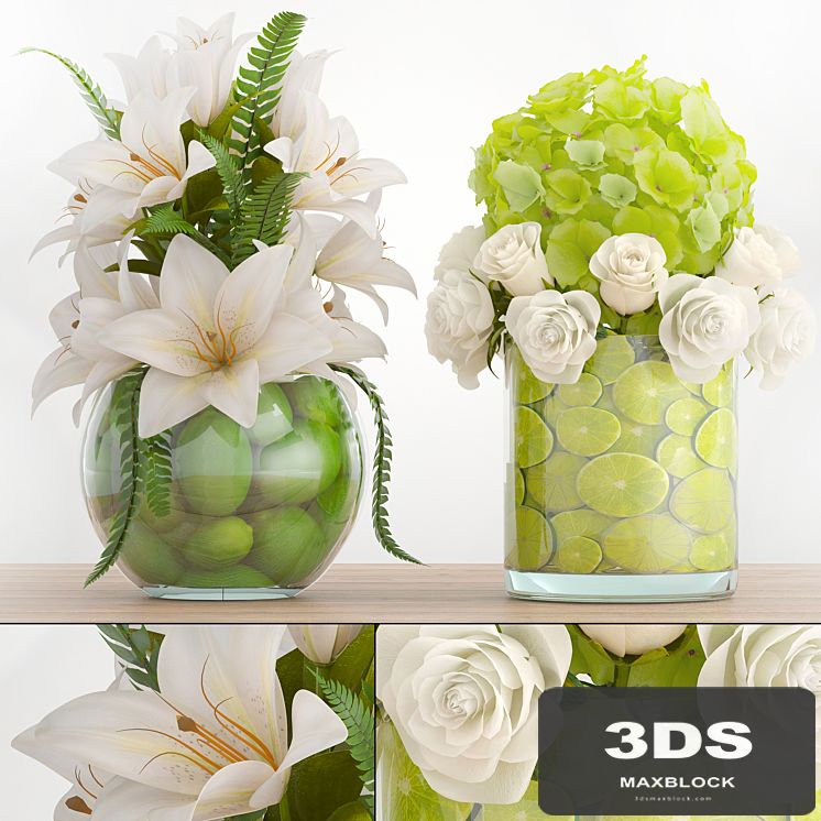 Bouquet of flowers 66. White flowers, lilies, hydrangea, vase with lemon