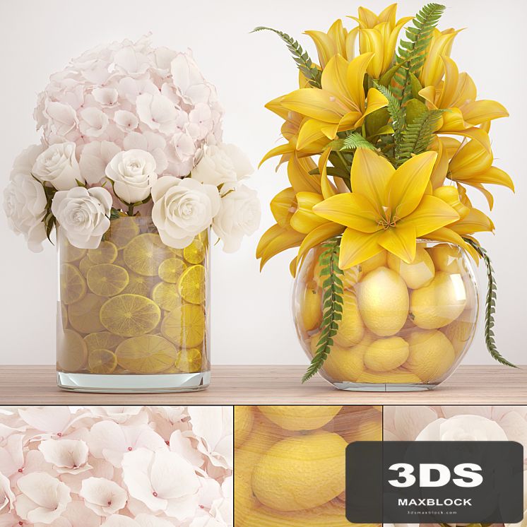 Bouquet of flowers 67. Lilies, Hydrangea, roses, bouquet, vase with lemons