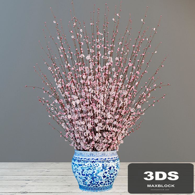 A large bouquet of cherry in the Chinese vase.