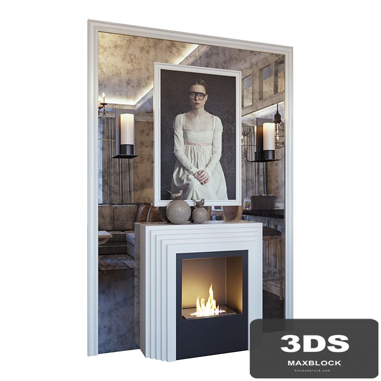 Fireplace, sconce, picture, decor and mirror panel (Fireplace sconce picture and decor YOU)