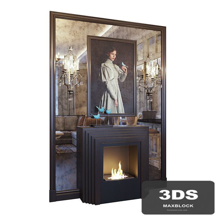 Fireplace, sconce, picture, decor and mirror panel (Fireplace sconce Gianna picture and decor Blue dark YOU)