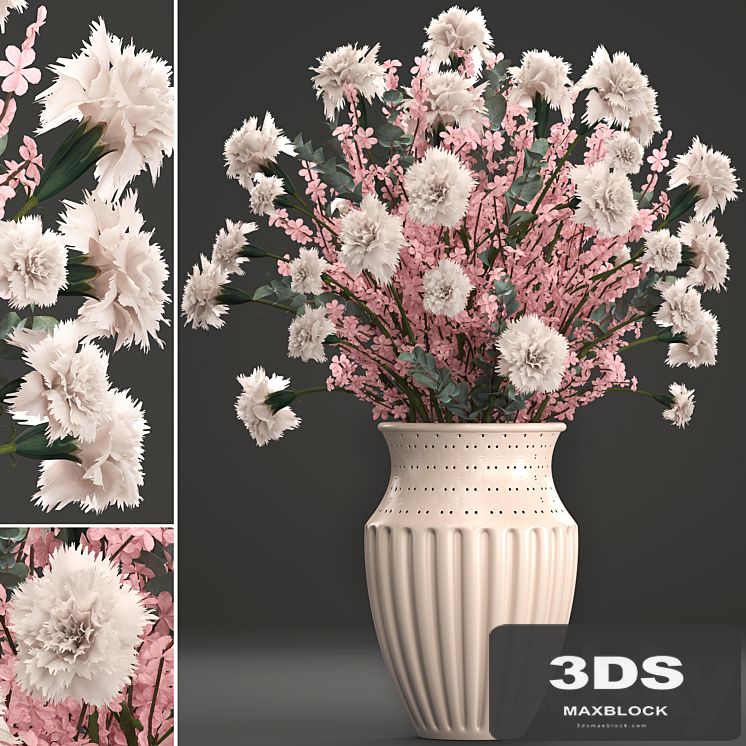 Bouquet of flowers 70. White carnations, Sakura, eucalyptus, branches, vase, decor