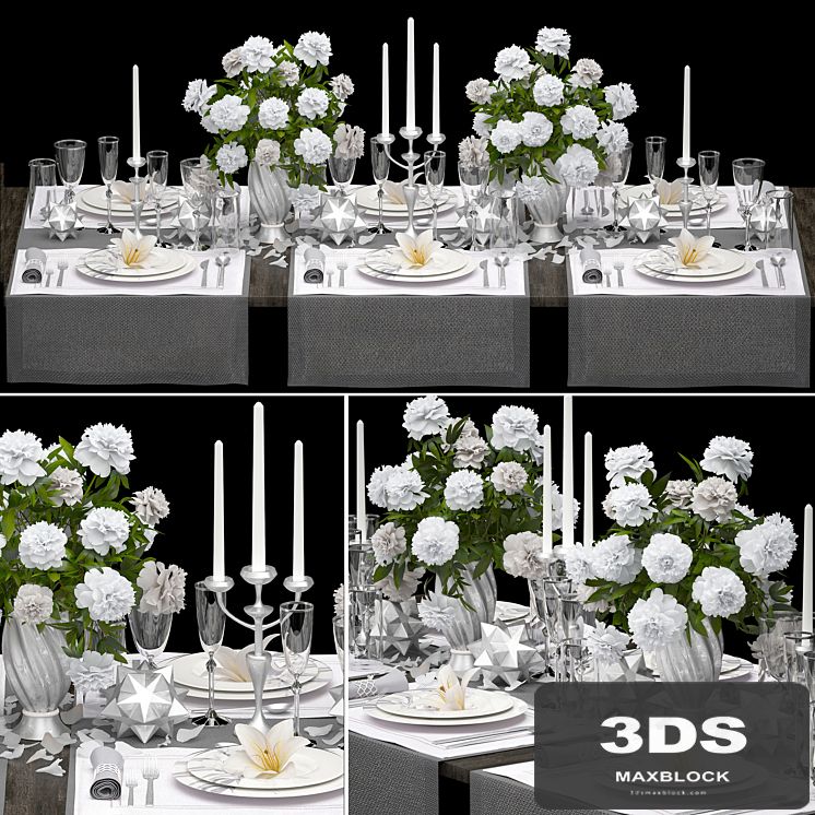 Table setting 4. ZARA HOME. White bouquet, peonies, tablecloth, glass, vase, 6 persons, luxury decor, table decoration, cutlery, candles, stylish, festive, solemn