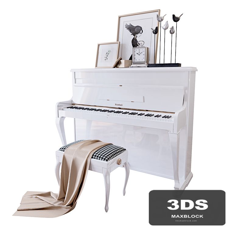 Piano "Weinbach" white, stool and decor (Piano Weinbach white banquet and decor YOU)