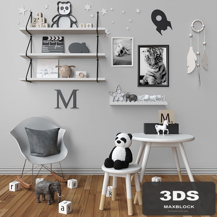 Decor for a children's room. Toys, chair and table