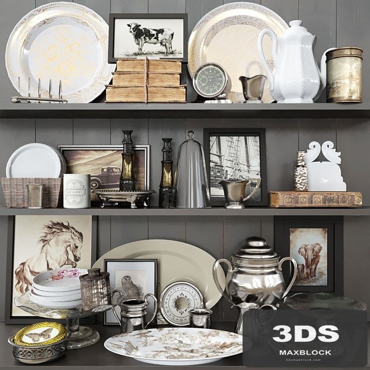 Shelf with antique decor, books and crockery
