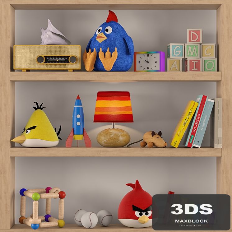 Shelf with a set of children's toys. Kids toys