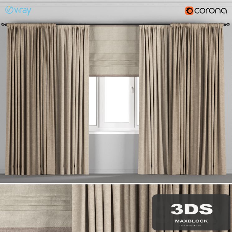 Wide light brown curtains + Roman blinds.
