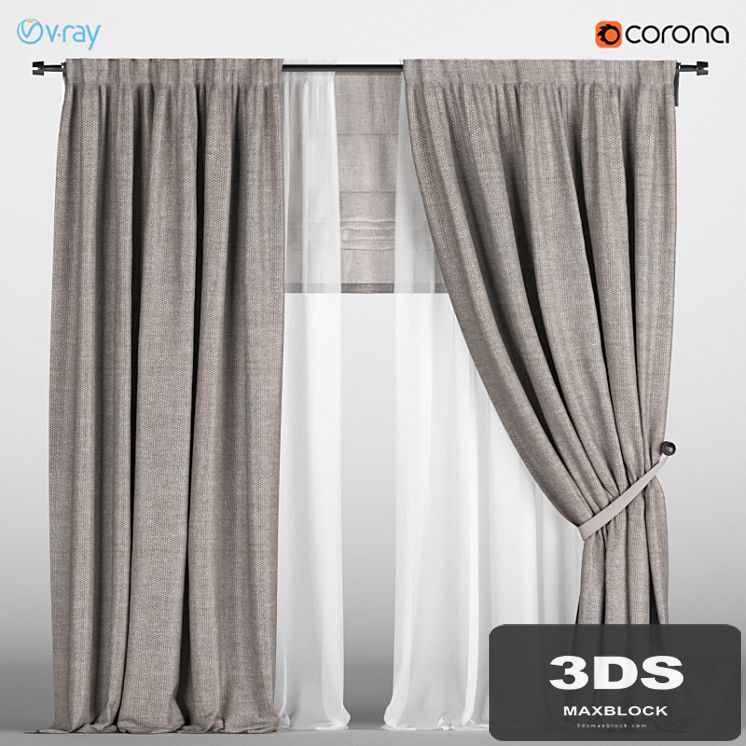 Light brown curtains with pickup + white tulle + Roman curtain.