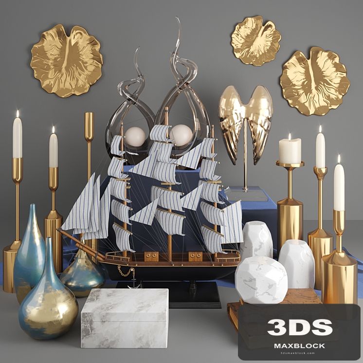Decorative set with vases, ship and figurines with gilding 18