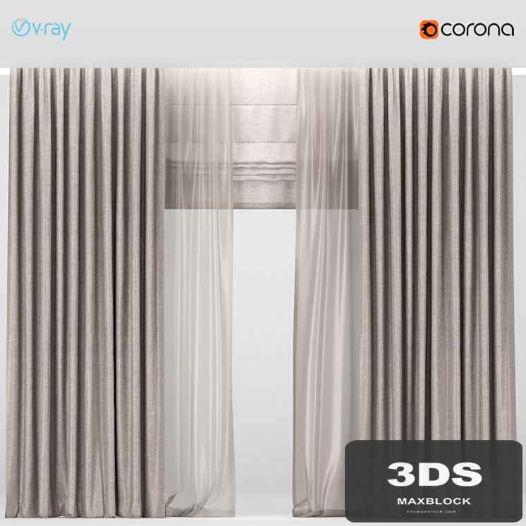Brown curtains with brown tulle + Roman blinds.