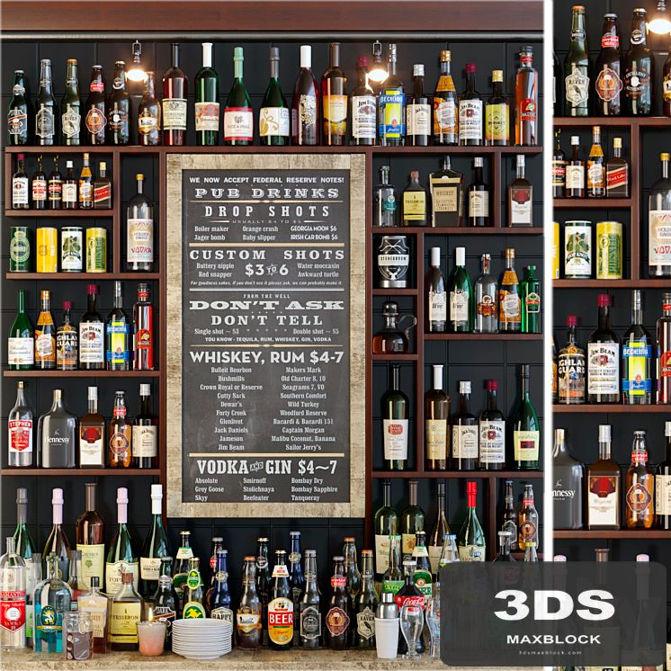 Showcase in the bar with a collection of strong alcohol and cocktails. Alcohol