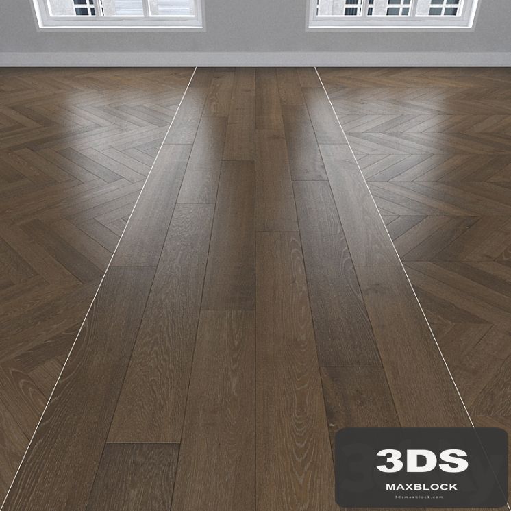 Parquet earthy oak, 3 types: herringbone, linear, chevron.