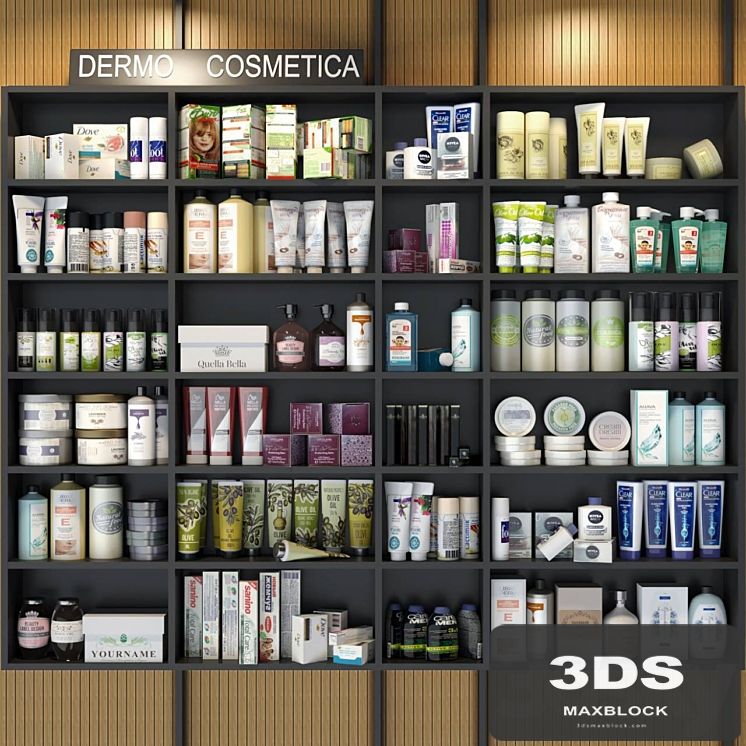 Cabinet with cosmetics for beauty salons or bathroom accessories. Make up