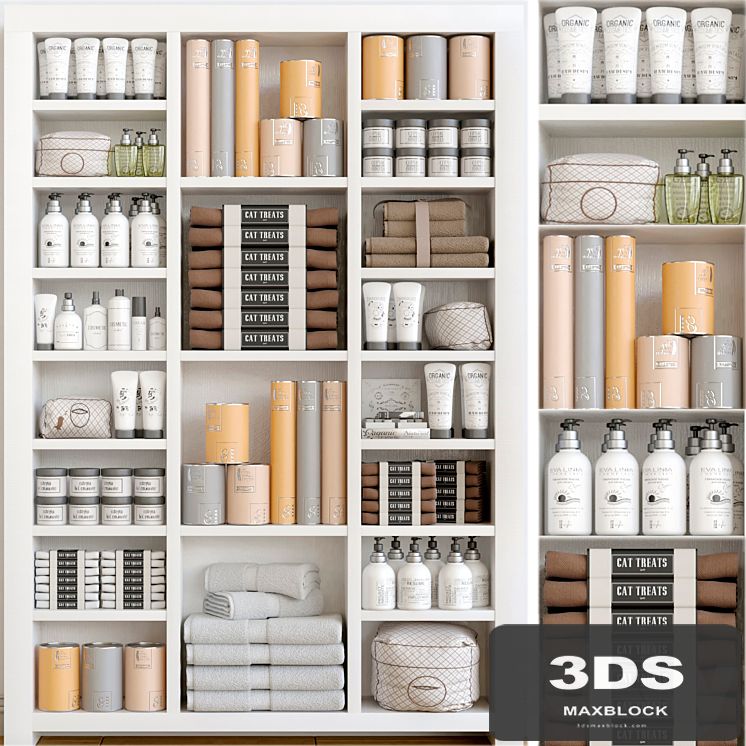 Cabinet with a collection of white cosmetics 3. Make Up and bathroom accessories