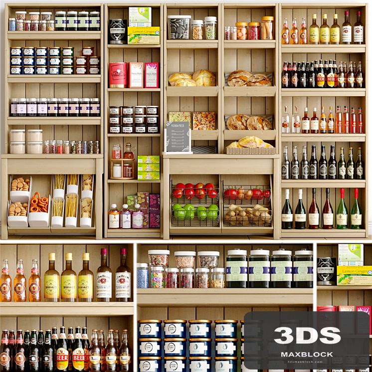 Rack with spices, alcohol and pastries in the supermarket