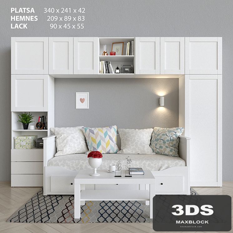Wardrobe, bed and table Ikea Platsa, Hemnes, Lack