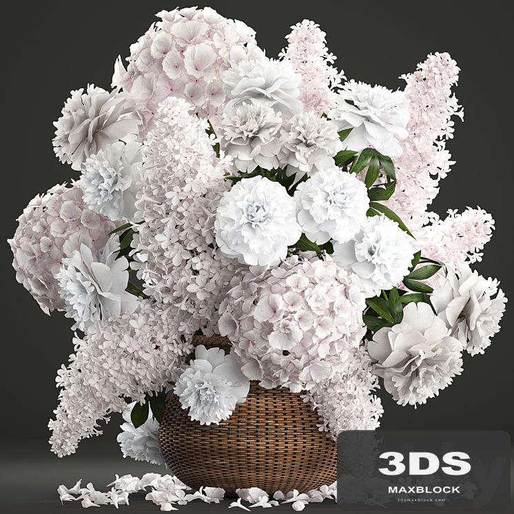 Bouquet of white flowers 82. Flowers, hydrangea, basket, peonies, lilac, eco design, natural decor, table decoration