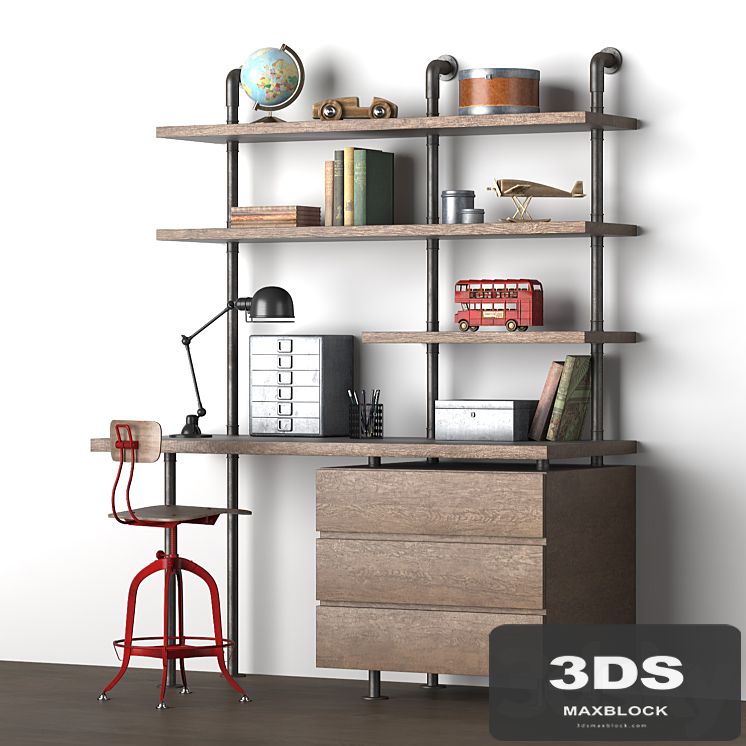 INDUSTRIAL PIPE SINGLE DESK & SHELVING WITH DRAWERS
