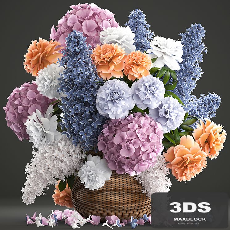 A bouquet of flowers 84. Lilac, hydrangea, basket, decor, peonies, eco design, natural decor, table decoration