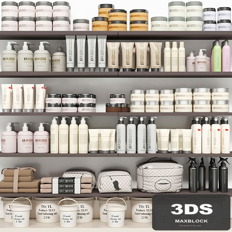 Shelf with a collection of cosmetics. Beauty saloon and bathroom accessories