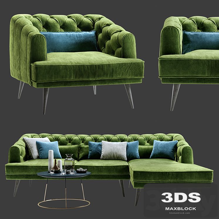 Earl Gray Corner Sofa with Chaise and Armchair