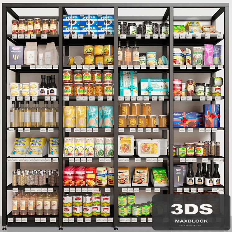 Showcase with conservation and groceries in a supermarket or pantry. Food