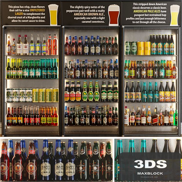 Refrigerator in the supermarket with beer. Alcohol