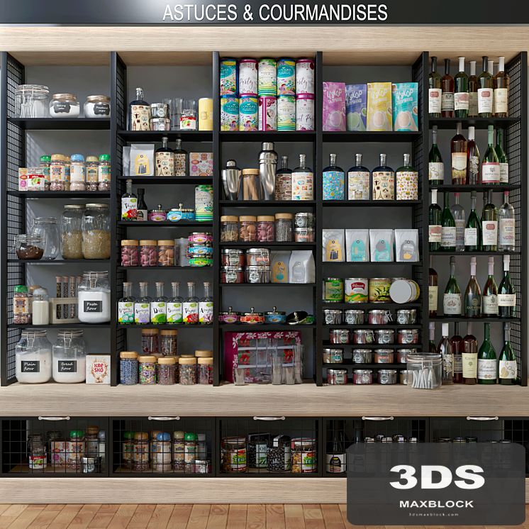 Showcase with spices, alcohol and groceries in the supermarket. Food