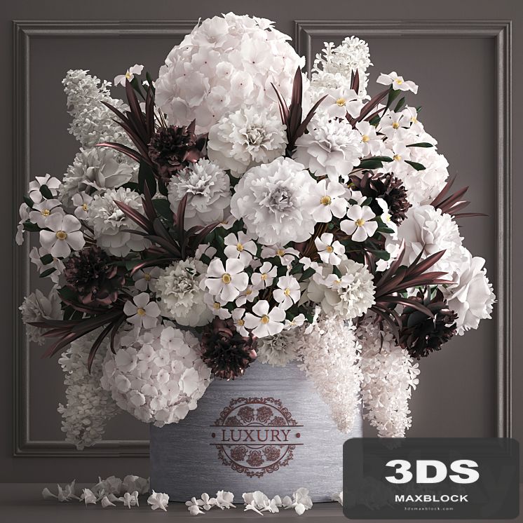 A bouquet of flowers in a gift box 88.luxury bouquet, stucco frame, Hydrangea, lilac, peonies, oleander, vase, white bouquet, luxury decor, eco design, table decoration, composition