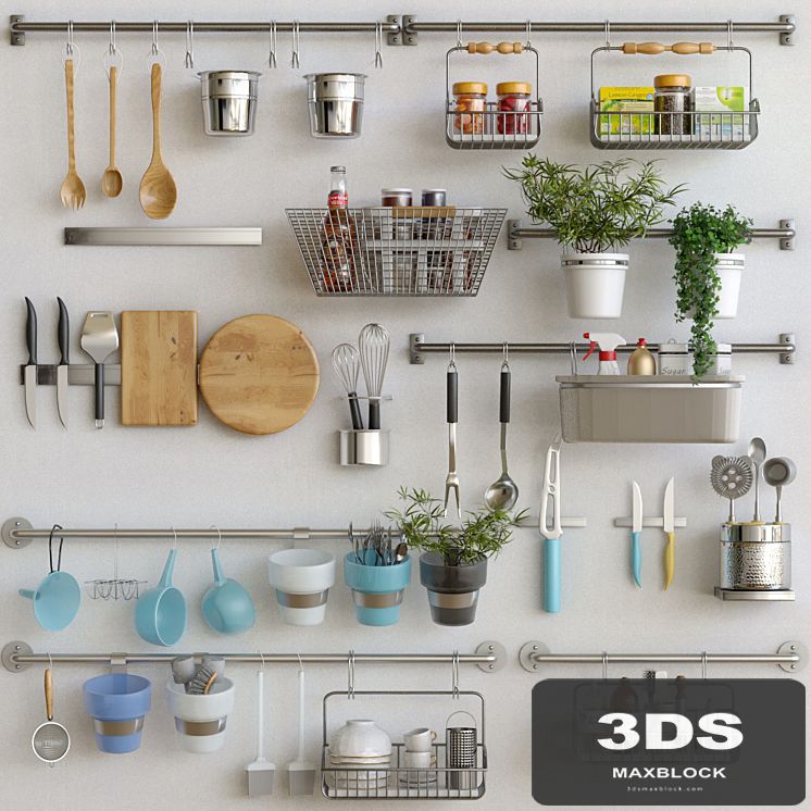 Kitchen utensils with spices, groceries and flowerpots