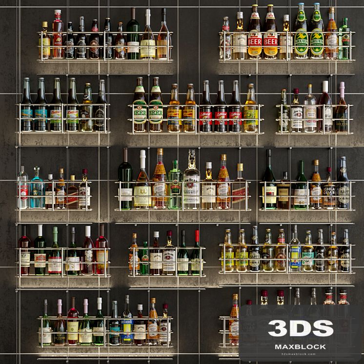 Design project of a bar or restaurant with a beautiful arrangement of bottles. Alcohol