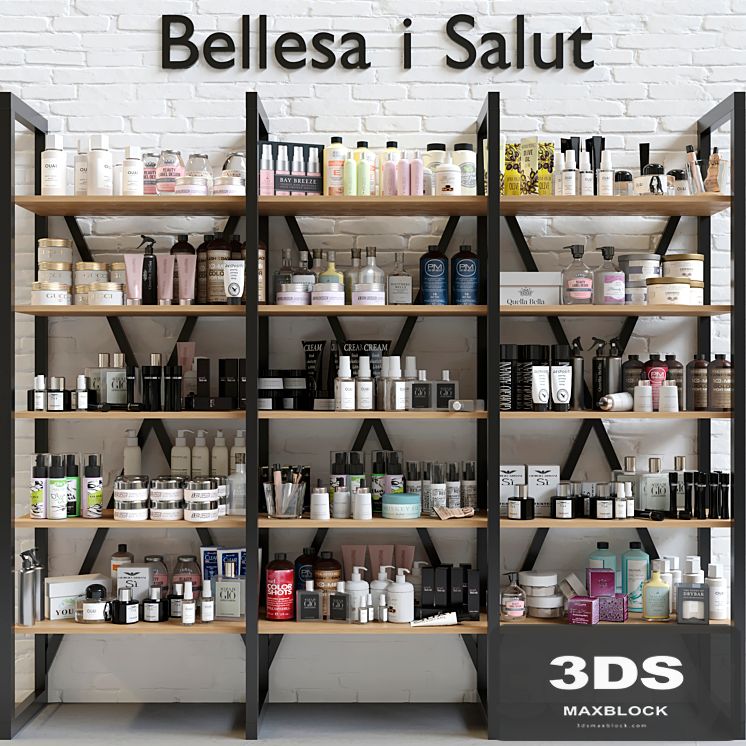 A huge rack with luxury cosmetics for beauty salons and professional cosmetology