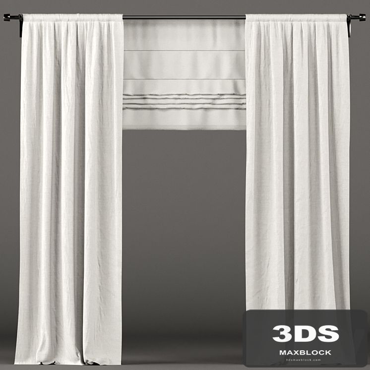 White curtains with roman blinds.