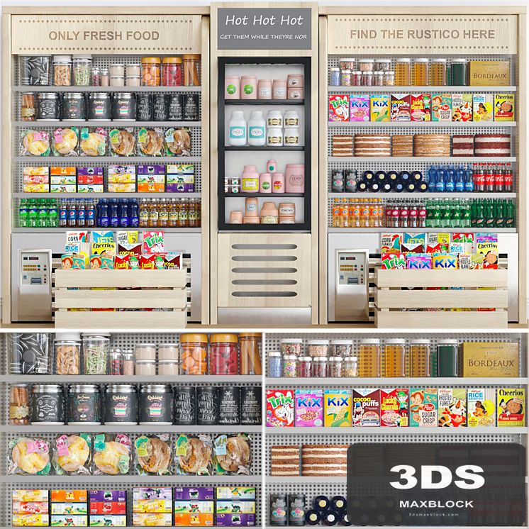 Grocery showcase in a supermarket in ethnic style with drinks and groceries