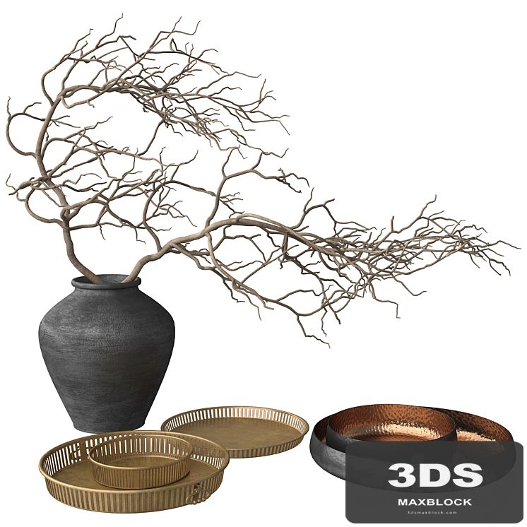 Rustic Set - Vase, Branch, Copper Bowl and Brass Tray