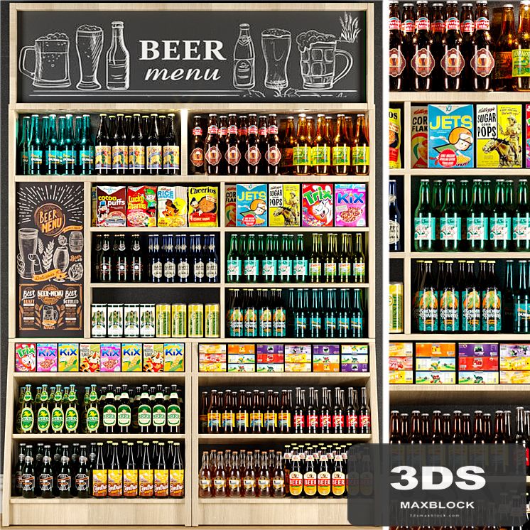 Large shelf in the supermarket with beer and cider