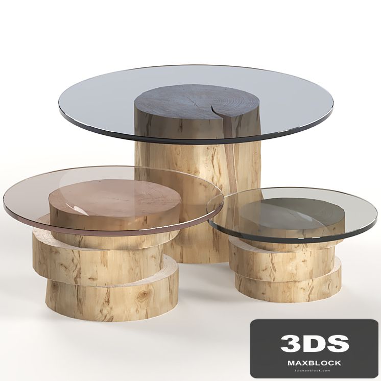 A set of light tables from stumps and slabs with glass tops.