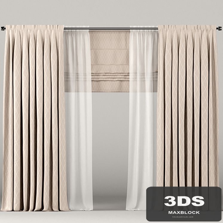 Beige curtains with tulle and roman blinds.