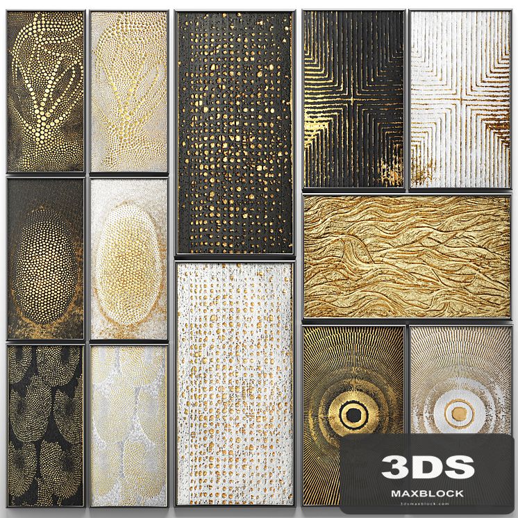 A collection of paintings. Gold. 3. wall decor, a set of paintings, luxury, panels, gold, white, black, set, decorative, abstraction, pattern