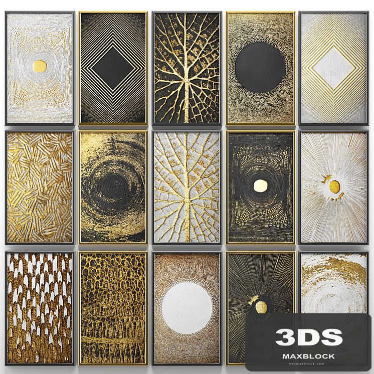 A collection of paintings. Gold. eight. wall decor, a set of paintings, luxury, panels, gold, white, black, set, decorative, abstraction, pattern