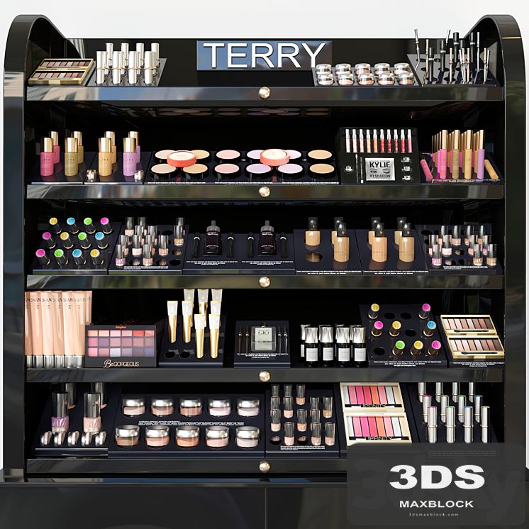 Rack with a set of professional cosmetics in a beauty salon. Make up